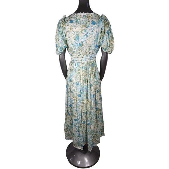 Rococo Sand NWT Blue Lace Maxi Dress Ruched Floral Metallic Small - Picture 4 of 6